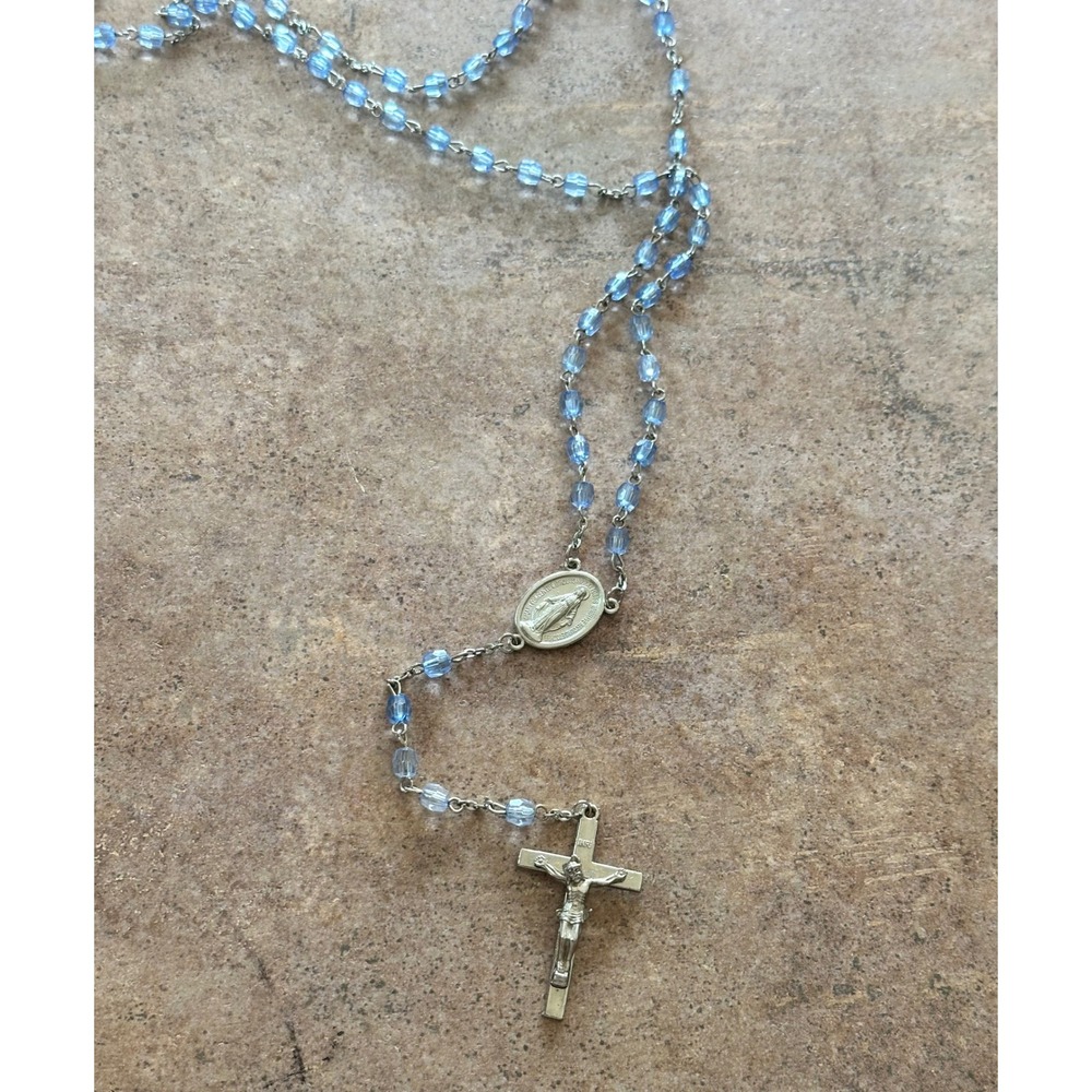 Vintage Catholic Rosary Light Blue Faceted Glass Beads Miraculous Medal Silver